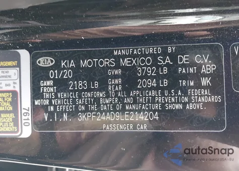 2020 Kia Forte Lxs from USA, damaged, VIN 3KPF24AD9LE214204